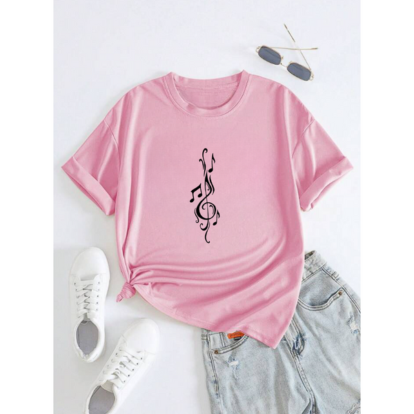 T-Shirt Feminina Gola Redonda Nota Musical Criativa