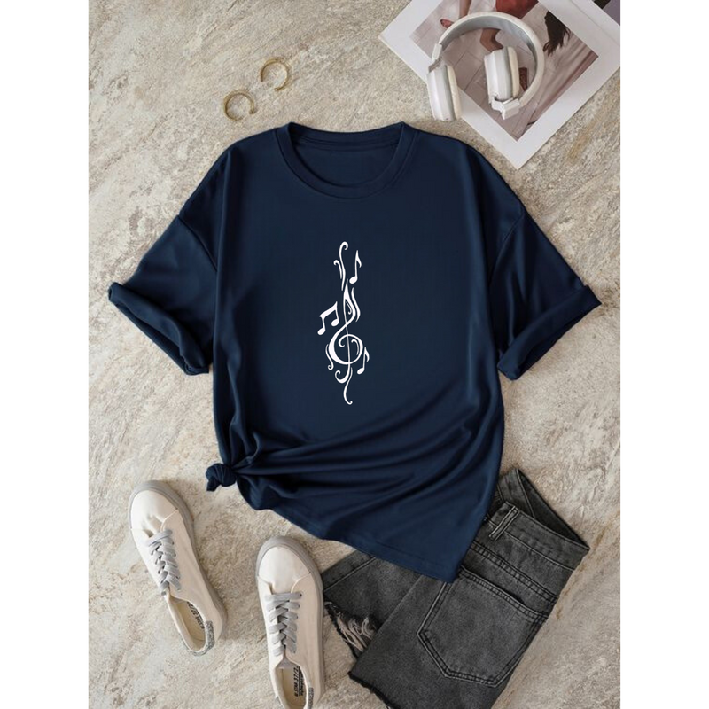 T-Shirt Feminina Gola Redonda Nota Musical Criativa