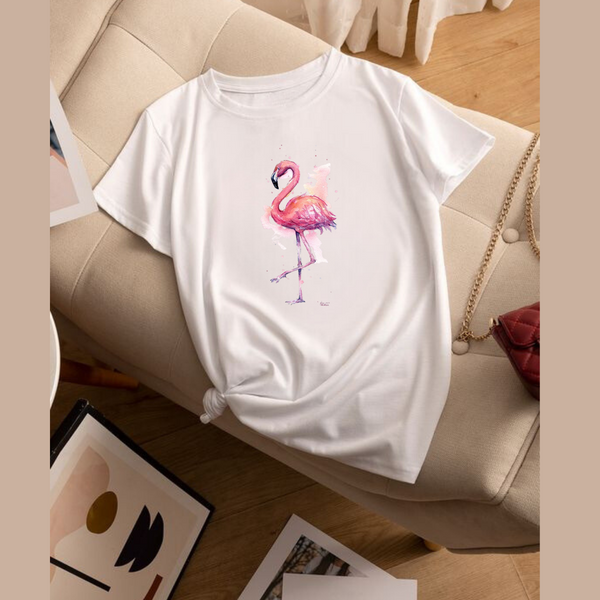 T-Shirt Feminina Gola Redonda Flamingo Aquarela Minimalista