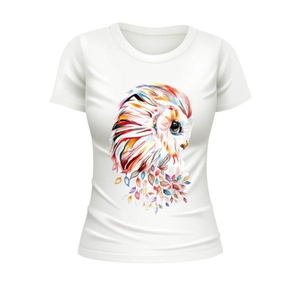 T-Shirt Feminina Gola Redonda Coruja Aquarela