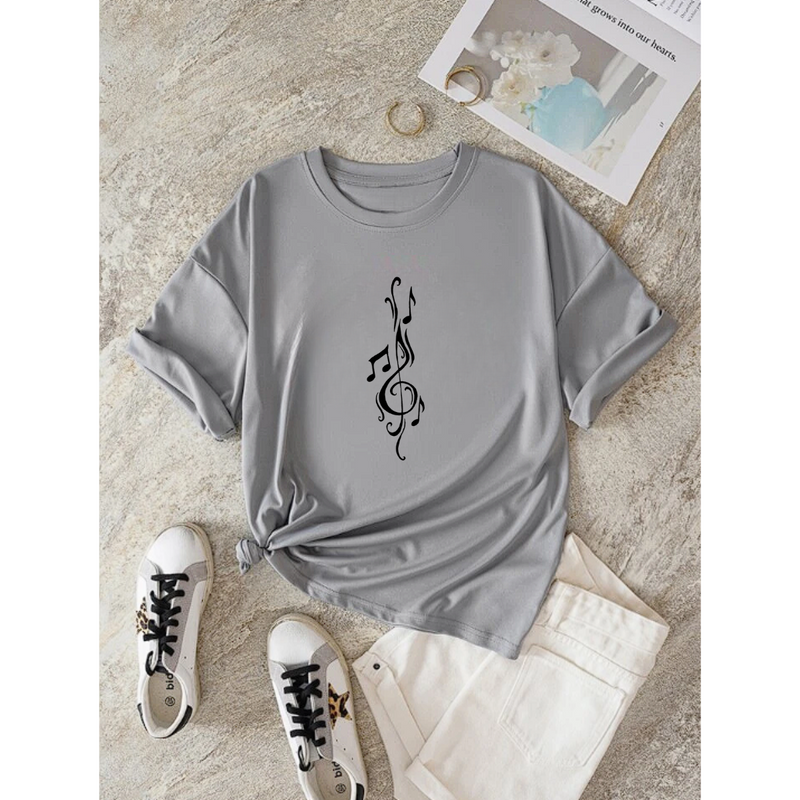 T-Shirt Feminina Gola Redonda Nota Musical Criativa