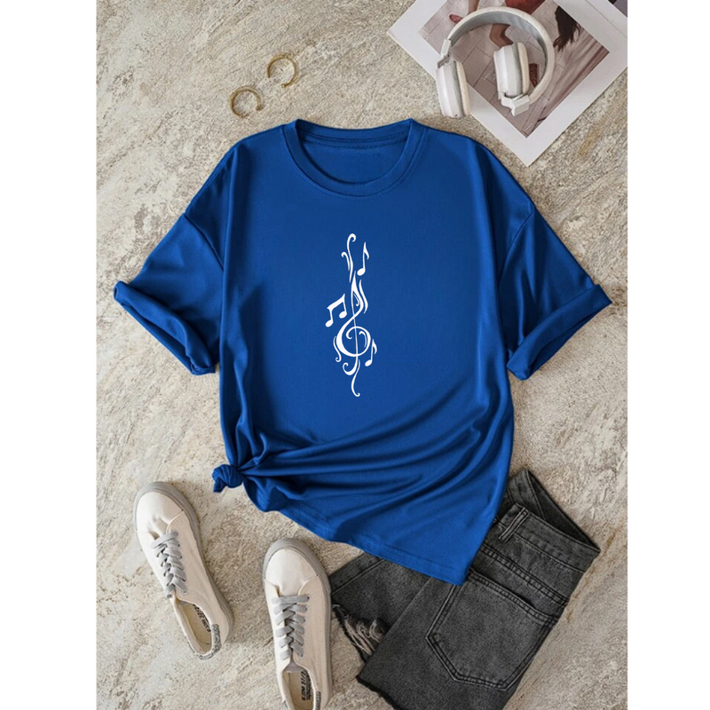 T-Shirt Feminina Gola Redonda Nota Musical Criativa