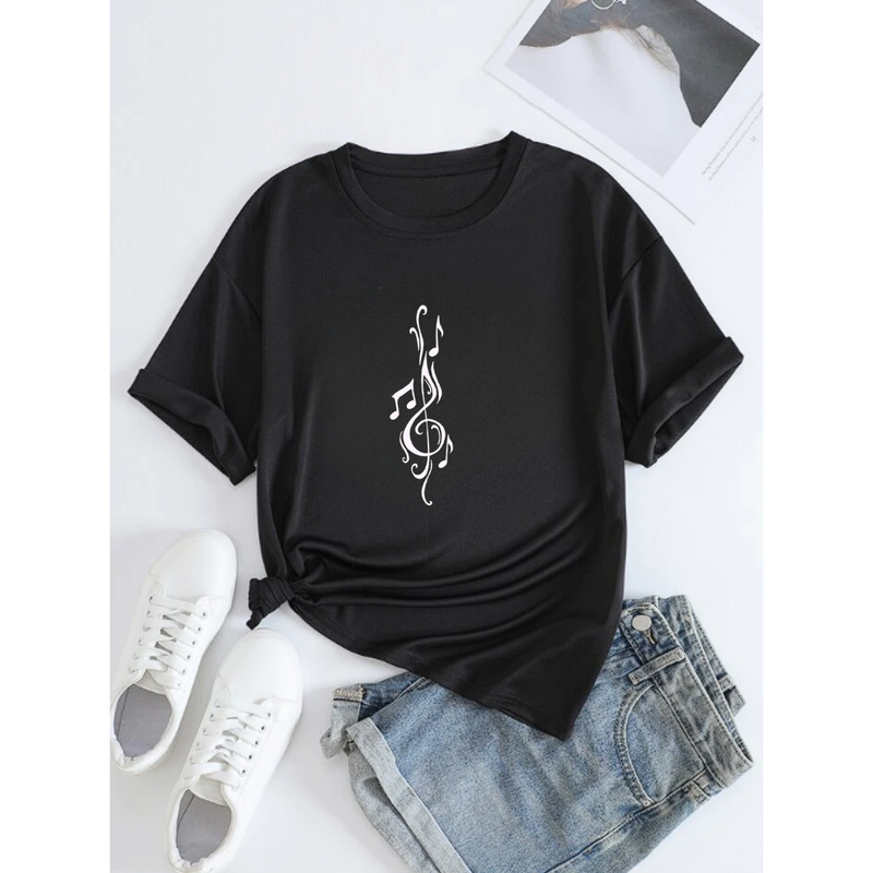 T-Shirt Feminina Gola Redonda Nota Musical Criativa