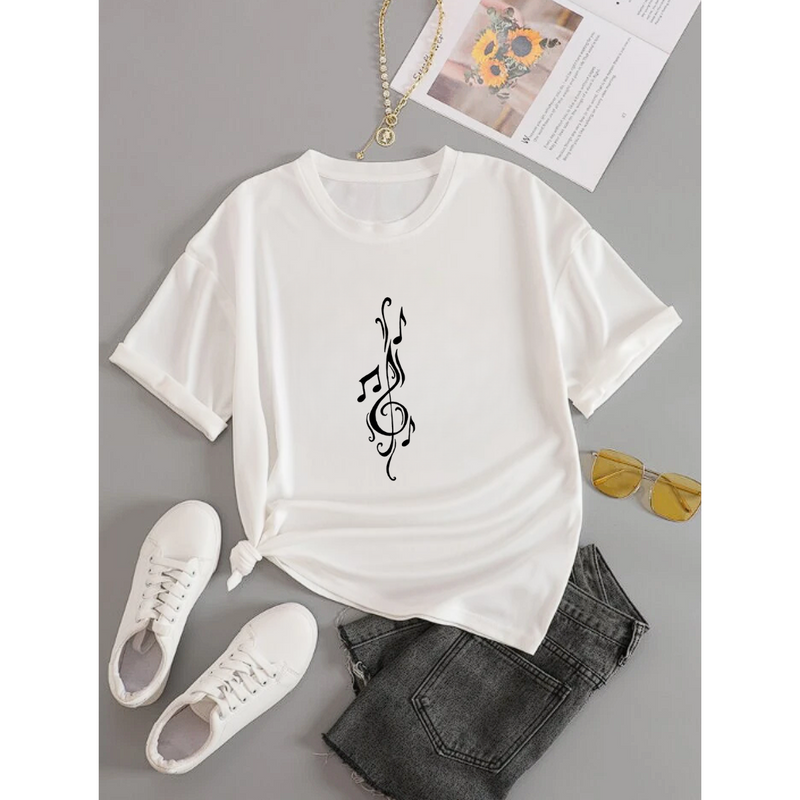 T-Shirt Feminina Gola Redonda Nota Musical Criativa