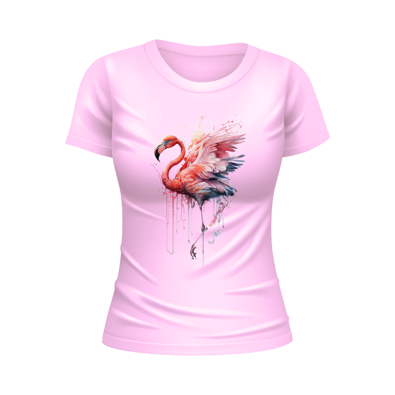 T-Shirt Feminina Gola Redonda Flamingo Aquarela