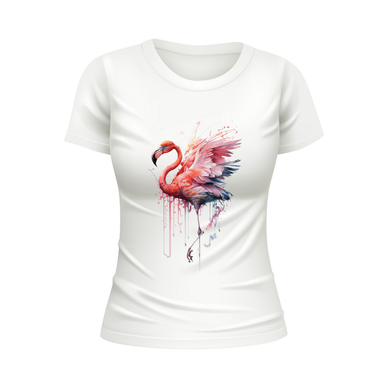 T-Shirt Feminina Gola Redonda Flamingo Aquarela